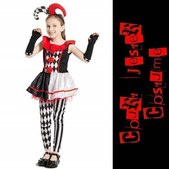 Court Jester Red, White, & Black Costume Girl's Size 4-6T - Picture 1 of 10